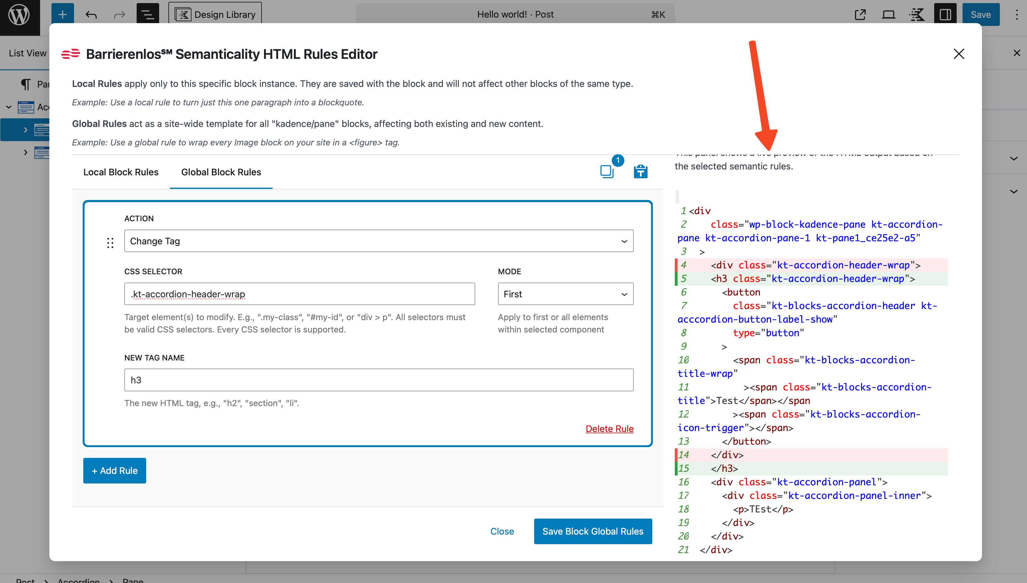 Панель Live Code Preview после применения правил