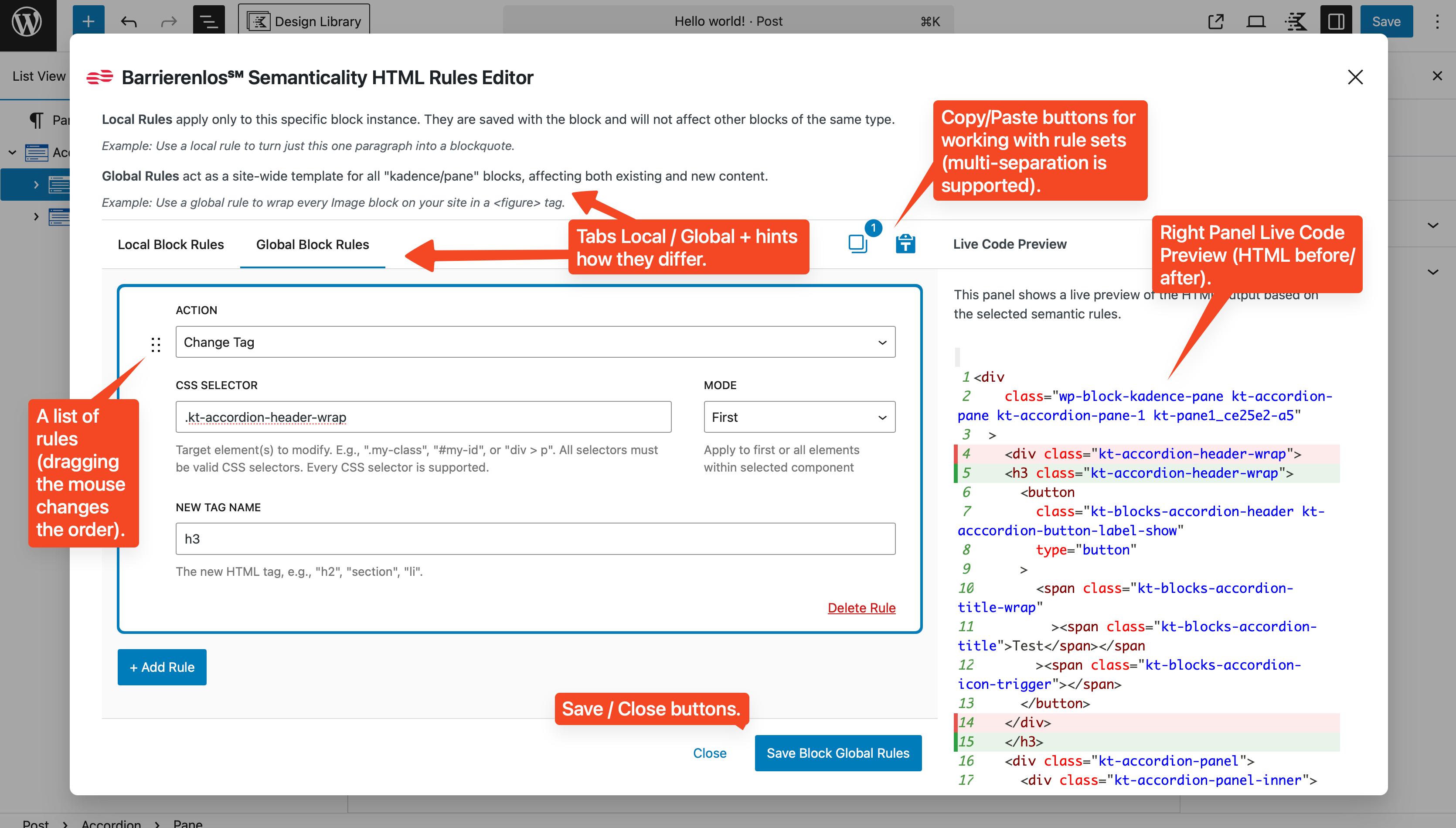 Интерфейс Semanticality™ Rules Editor с обозначениями отдельных его частей.